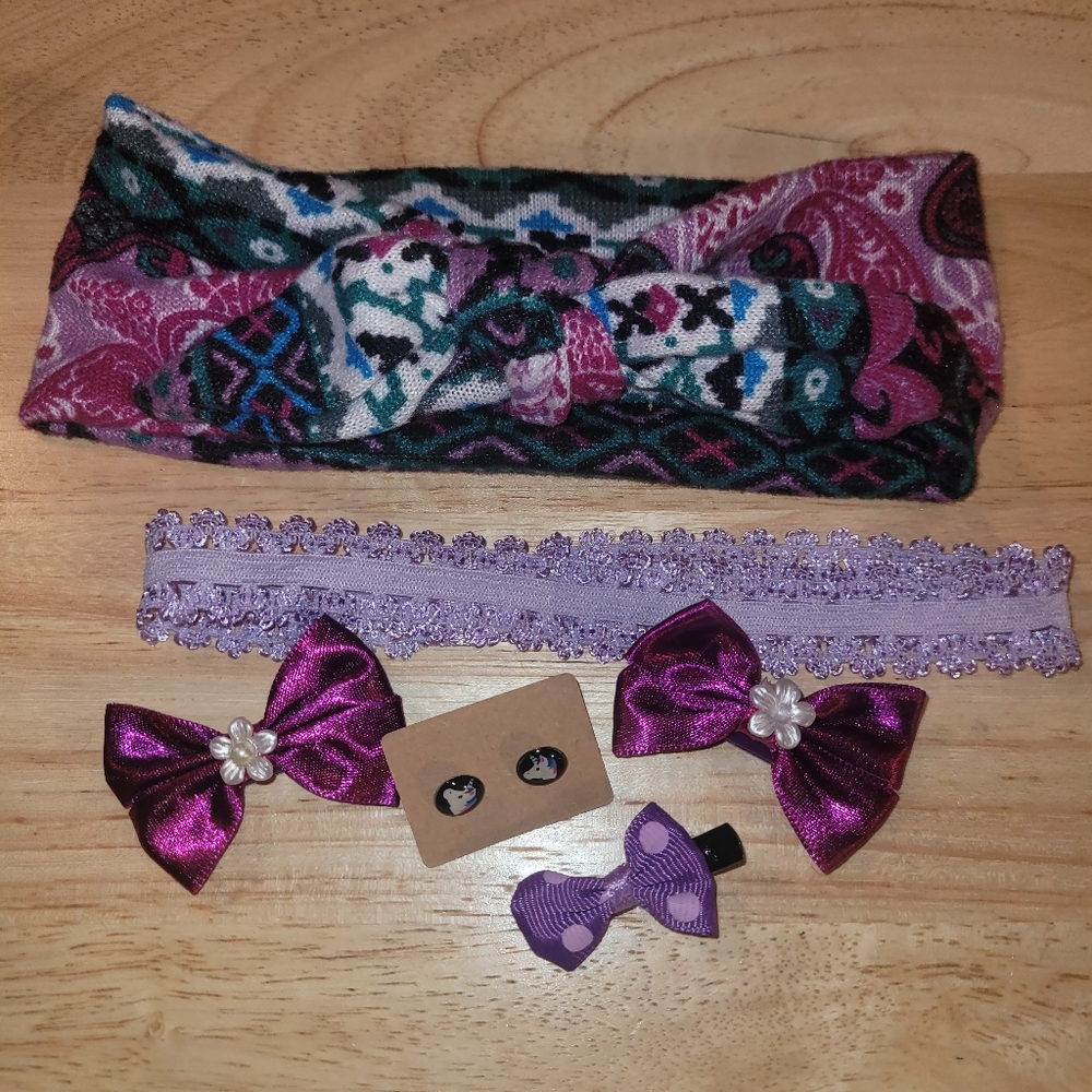 6 piece accessory headband, earring, and bow accessory bundle/lot